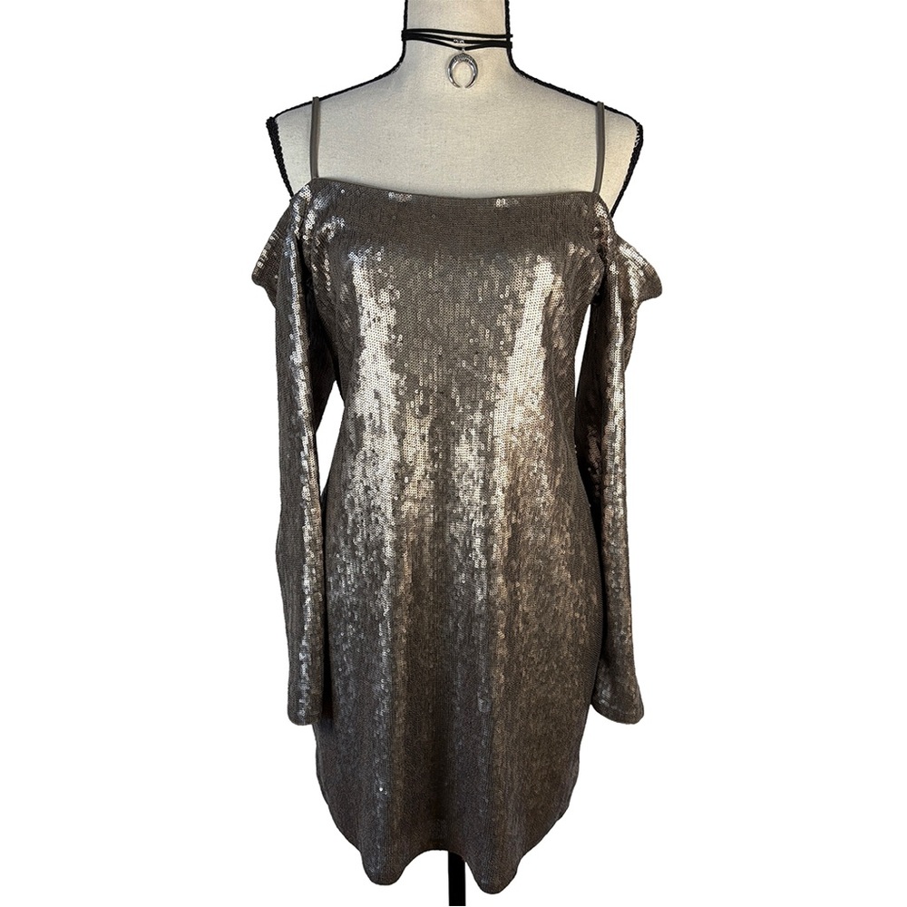 Express Sequin Cold Shoulder Mini Dress | Metallic Taupe | Size M